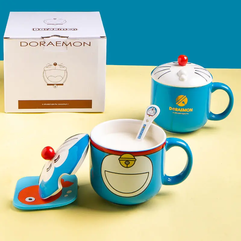 480ML Anime Doraemon Cosplay Ceramic Cup with Lid Cute Couple Coffee Cup Milk Cup Wear Resistant and Non Fading Mug Gift Box