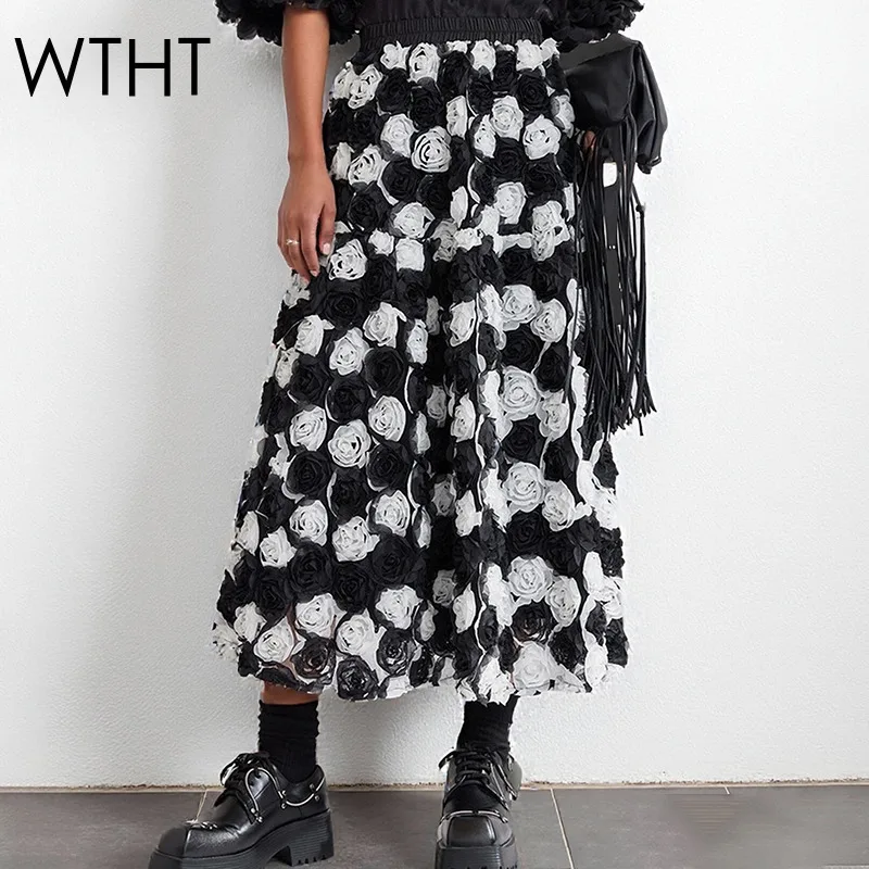 

WTHT модные женские длинные юбки трапециевидной формы контрастного цвета с 3D цветами, осень 2023, новая женская юбка с высокой талией 1LS2691