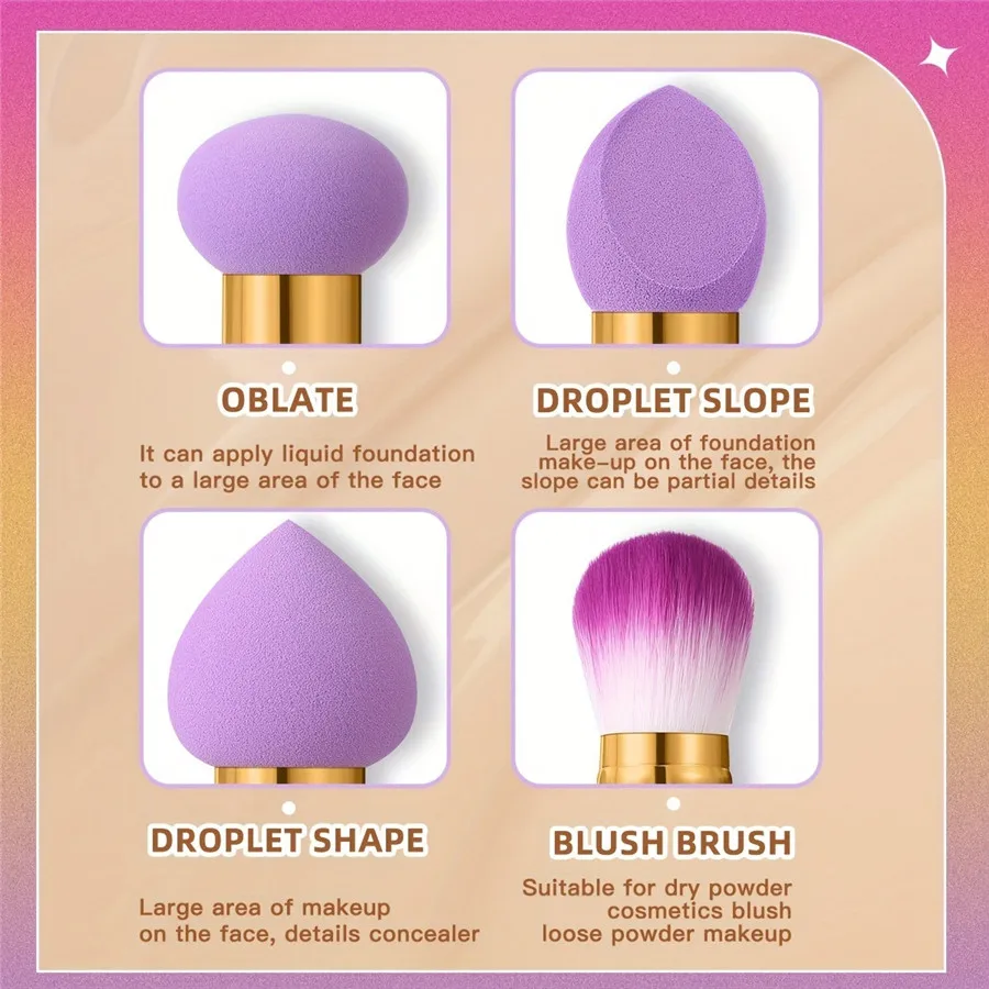 3PCS Purple Makeup Sponge & Brush Set - Dual-Ended Blender + Foundation Brush, Portable Travel Beauty Kit (Cruelty-Free)