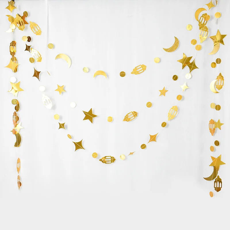 

Golden Star Moon Banner For Eid Mubarak Decoration Ramadan Eid Al-Fitr Wall Hanging Ornaments Islamic Muslim Party Supplies