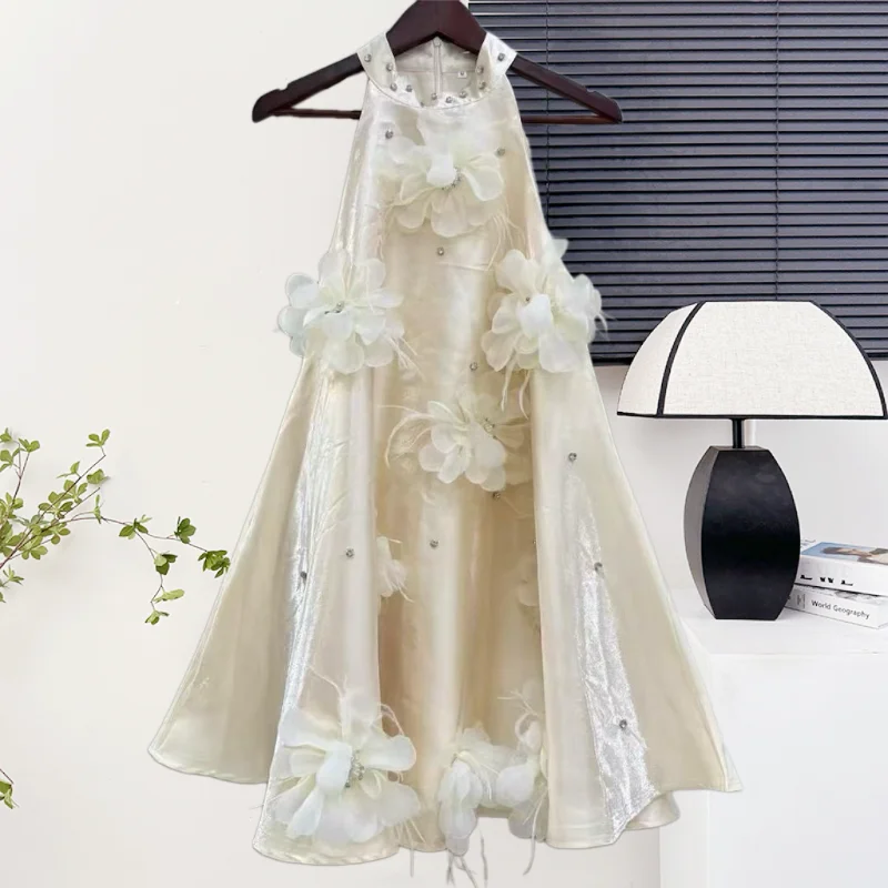 

New,Summer,European,Clothes,A Line Mini,Dress,Women,Chic,Sexy,Spliced,Three-dimensional flowers,Diamonds,Sleeveless,Tops,55061