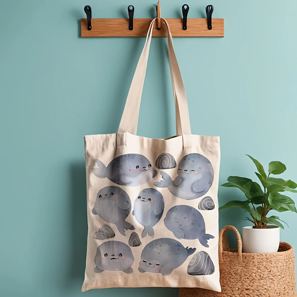 A Cute Marine Creatures Pattern Print Canvas Tote Bag, Suitable For Daily Use, Shopping, School, And Travel