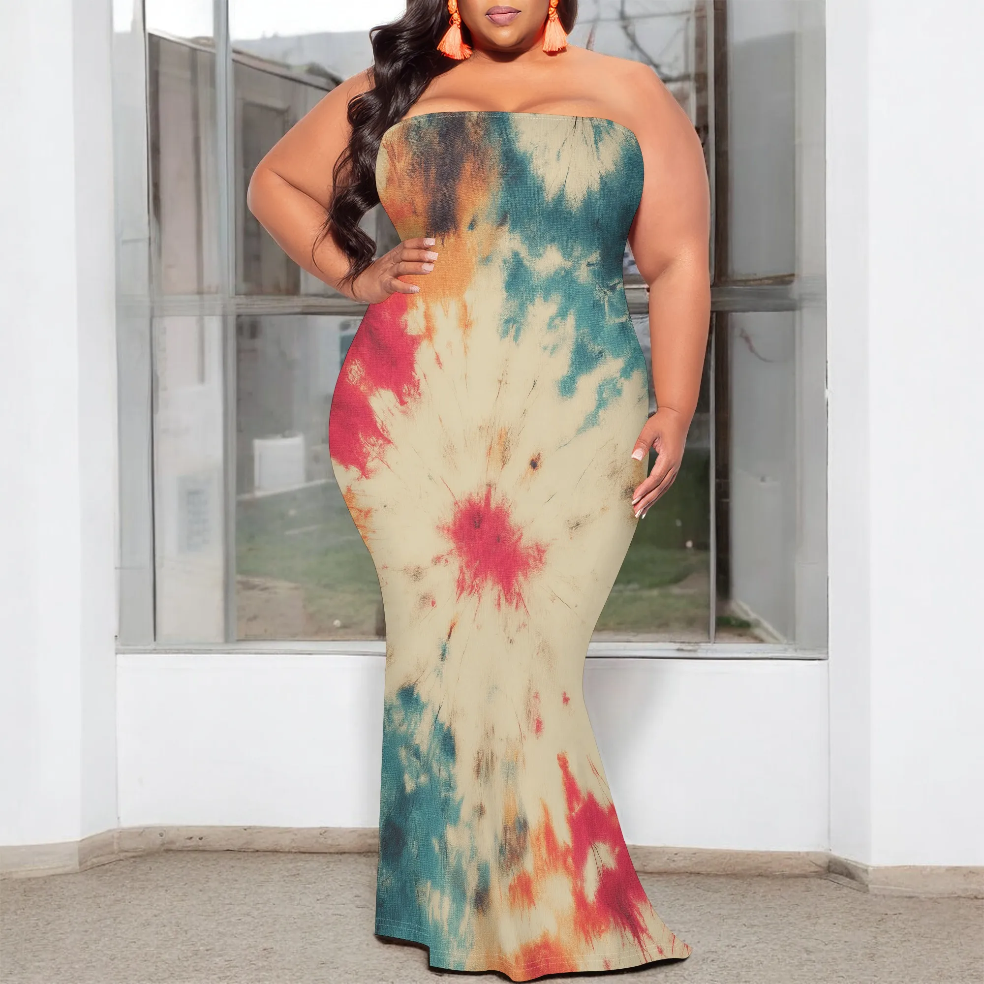 

Tie-Dye Strapless Maxi Dress for Women 2025 New Arrival Summer Beach Party Dress XL-6XL
