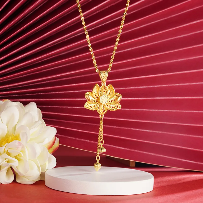 KISS&FLOWER Gold Vintage Lotus Necklace Ring Drop Earring For Women Wedding Party Birthday Christmas Bride Mother Lady Gift JS62