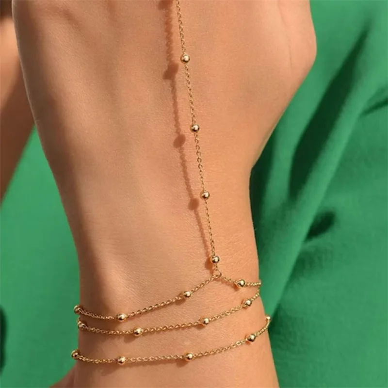 Fashion Thin Chain Connected Finger Ring Bracelets for Women Vintage Multilayer Beads Link Bangles Elegant Jewelry Gifts view 4