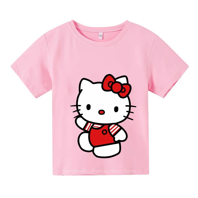 

Модная детская футболка с принтом Hello Kitty, летние хлопковые повседневные топы с коротким рукавом для мальчиков и девочек, стильная уличная одежда