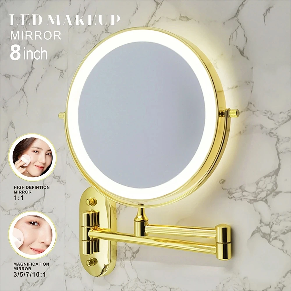 8 Inch Gold Wall Mounted Makeup LED Mirror 3X-10X Magnifying USB Charing Double Side Bathroom Smart 3 color Cosmetic Mirror