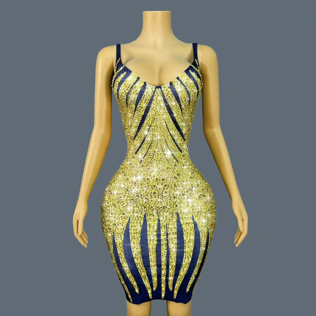 

Sparkly Golden Crystals Low-cut Cocktail Dress Night Party Sexy Women Short Dresses Spandex Elastic Bandage Mini Dress Huangjin