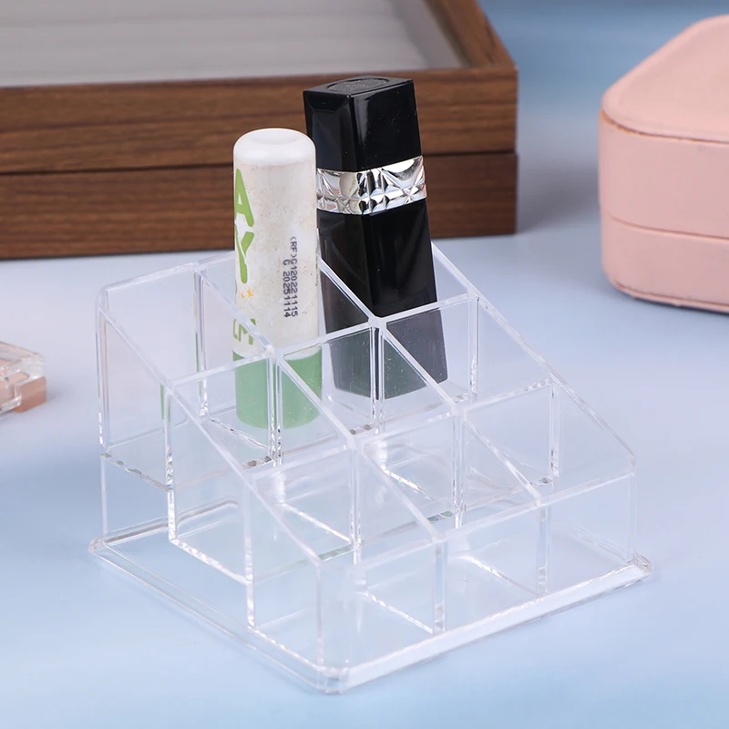 9 Slots Clear Acrylic Lipstick Storage Box Trapezoid Cosmetic Display Case Store Desk Lipstick Cosmetic Organizer Holder Stand