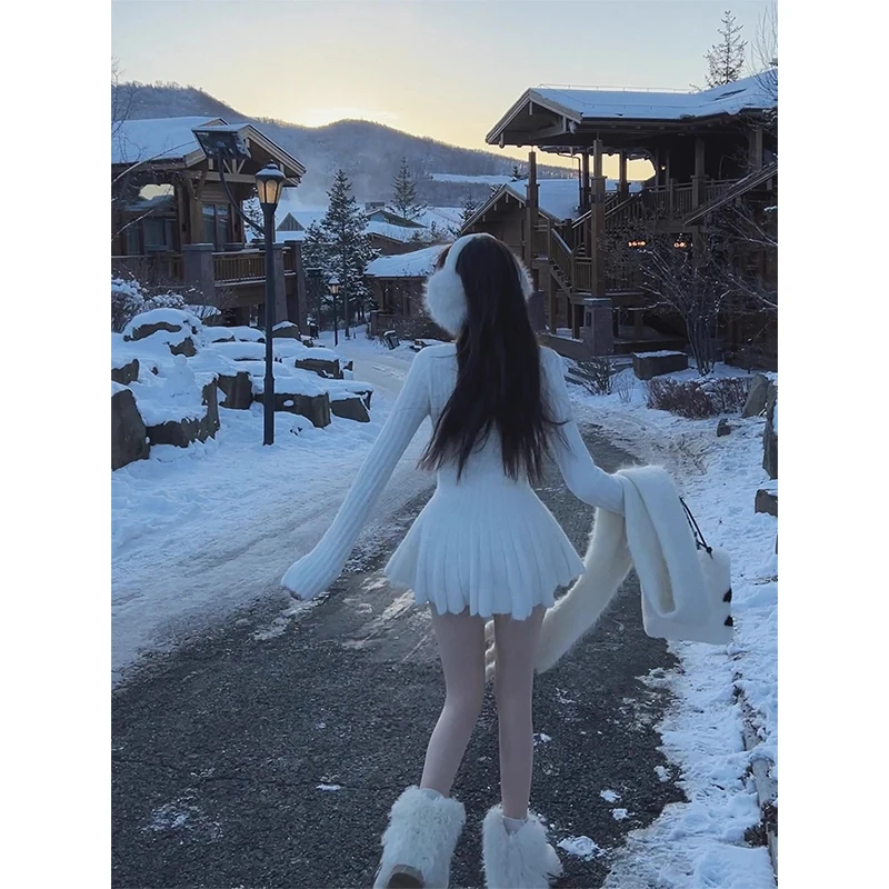 y2k winter dress Kawaii White Mini Dress Women Fashion Y2K Sexy V Neck Black Ball Gown  Dresses Winter Gyaru Korean Long Sleeve Bodycon Vestidos