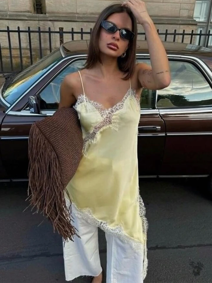 Vestido corto de encaje satinado sexy con abertura, sin mangas, espalda descubierta, asimétrico, para mujer, vestido de fiesta 2026 verano 5