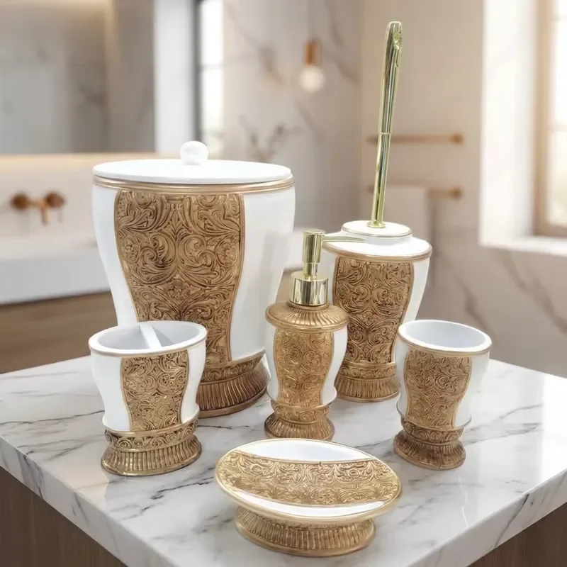 for  Custom Arabian White Resin Bathroom Set 6 Piece Hand Painted  Dispenser Poly Resin Hotel Decoration
