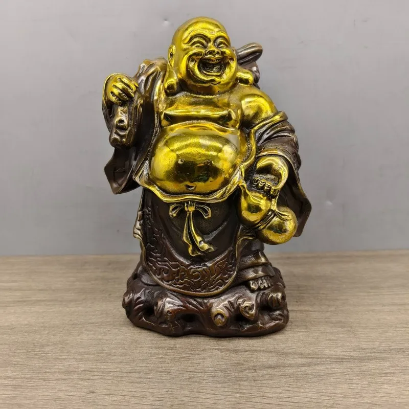 Gilt copper golden bag Maitreya Buddha craft with a rich patina