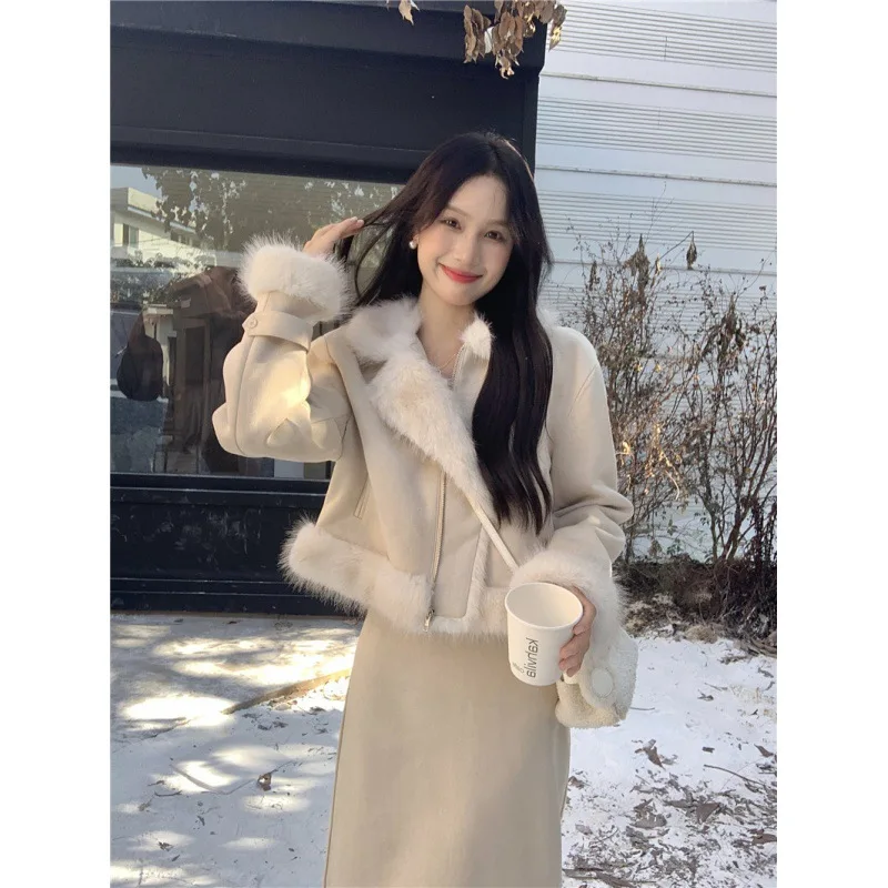 Autumn Winter Korean Fashion Sweet Women Suits Fur Cuffs Covers Mini Skirt Two-pieces Set Woman Dress Casual Elegant Tweed Suits