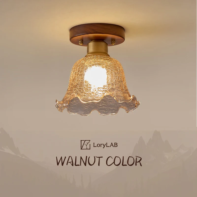 

Ice-cracked glass walnut wood ceiling lamp