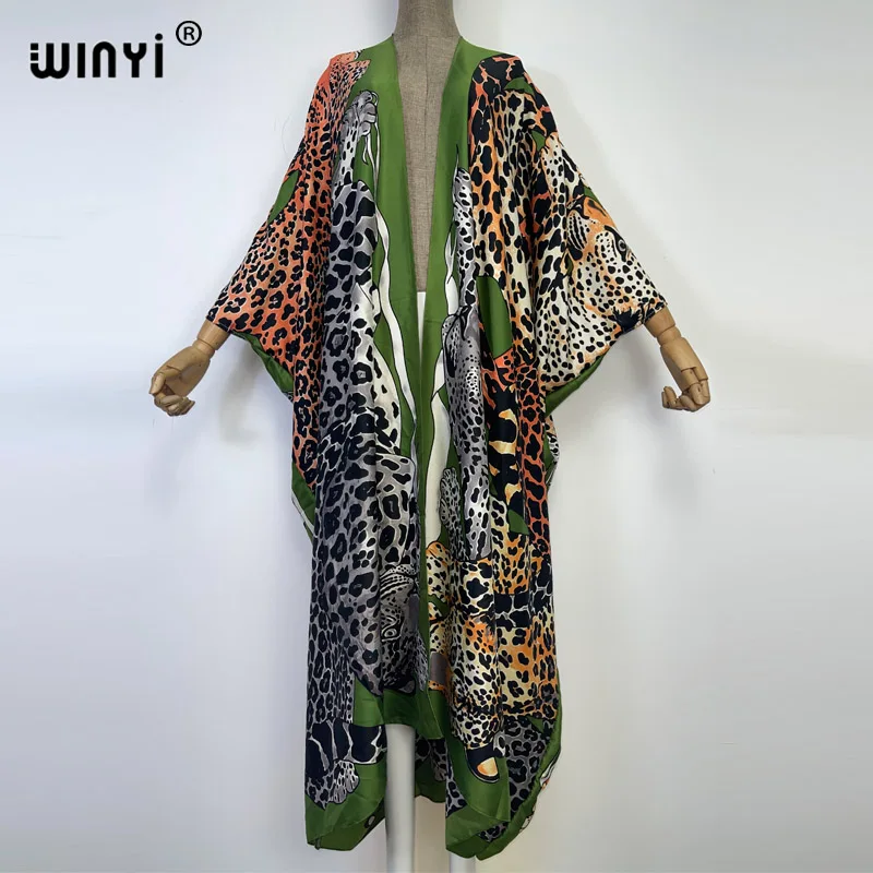 WINYI 2022 Africa leopard print Beach Wear Swim Suit Elegant Africa Women Boho Cardigan Sexy Holiday Long Sleeve Kimono Dress