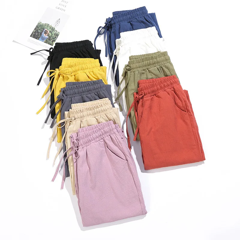 Women\'s Pants Summer Autumn Cotton Trousers Casual Harem Pants Solid Loose Ankle Length Pants Korean Ladies Elastic Pocket Pant