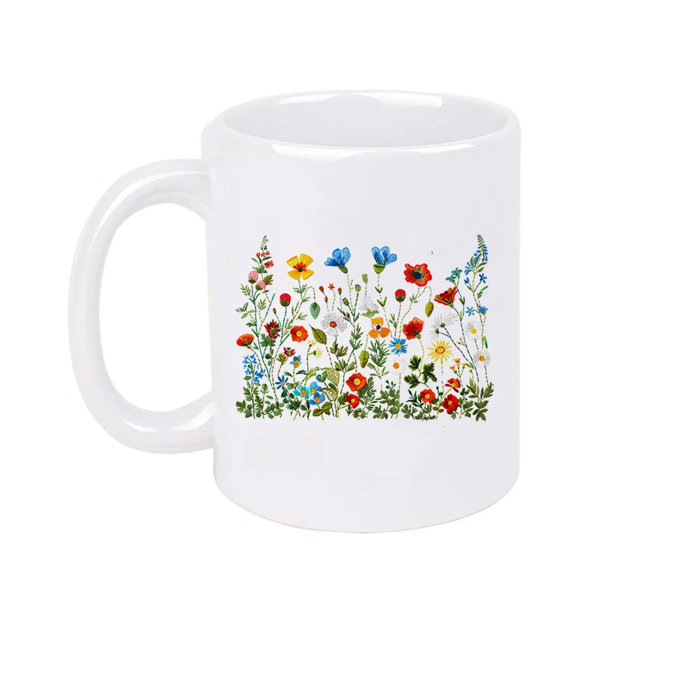 11oz Colorful Floral Embroidery Ceramic Coffee Mug Summer Home Party Tableware for Mother’s Day Birthday Camping Holiday Present