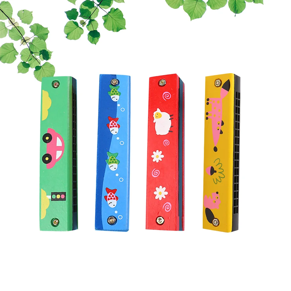 4 Pcs Painted Child Children’s Toys Educational Bamboo Guitar Chord Practice Tool Harmonica