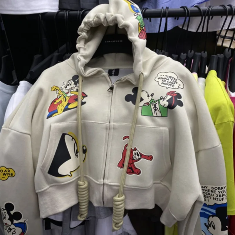 

Disney Cartoon Mickey Print Short Hoodie Jacket Women's Spring Autumn Korean Style Trendy Hooded Cardigan 2025 New Versatile Top