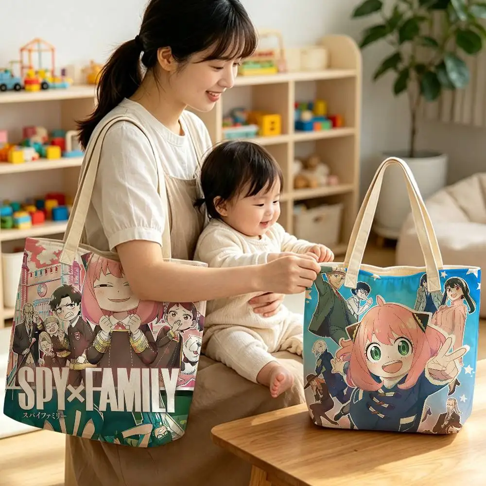 Comedy Anime Spy X Family Women Cotton Polyester Tote Bag Large Capacity Gifts Zipper Closure Shoulder Bag