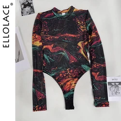 Ellolace Tie Dye Bodysuit Long Sleeve Lingerie Body Uncensored Tight Fitting Woman Crotchless Mesh Sexy Tops See Through Outfit