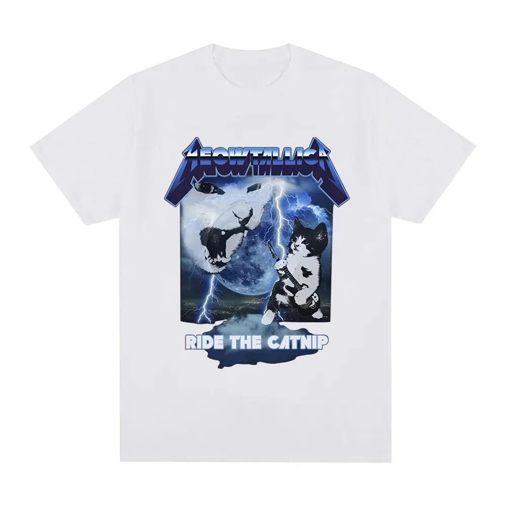 Meowtallica Damen Lustiges Cat Expression Pack T-Shirt Heavy Metal Rock Cat Shirt Lässige Mode Lose Top Grafik T-Shirts Y2K