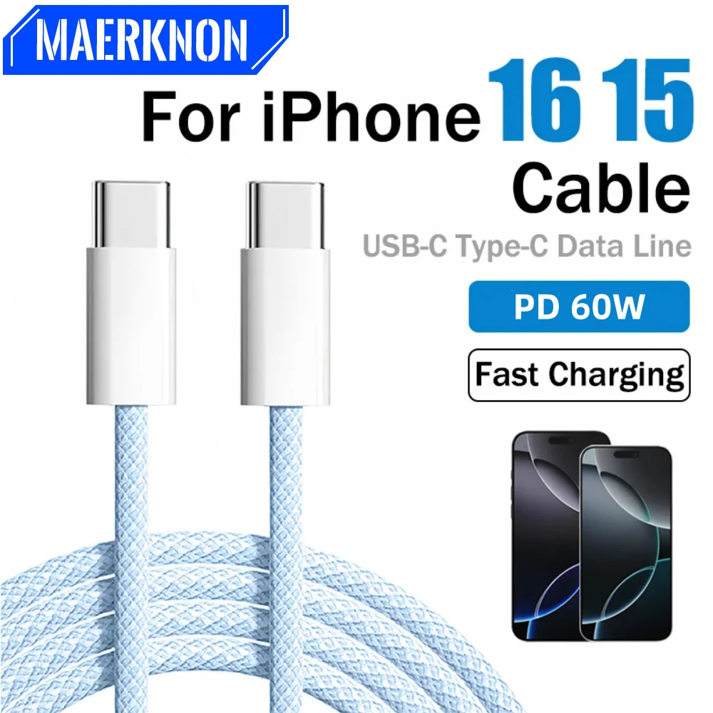 60W Nylon Braided USB C Cable For iPhone 16 15 Pro Max Macbook 3A Fast Charging Cable Charger Wire Cord