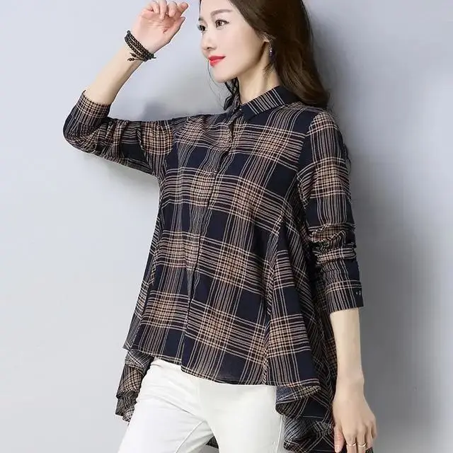 Korean Fashion Asymmetrical Plaid Shirt Women Clothing 2022 Autumn New Casual Commuter All-match Lapel Long Sleeve Loose Blouses