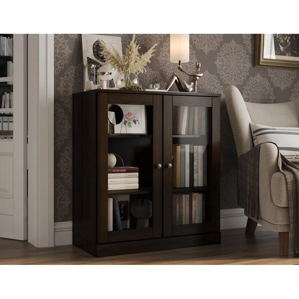Solid Wood Bookcase 3 Tier Bookshelf 32 Wide Espresso, Short Bookcase, Display Cabinet with Glass Doors amp Adjustable Shelves