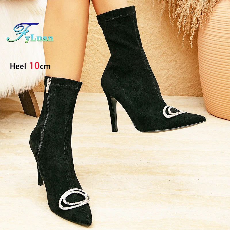 

Весенне-осенние новые женские замшевые полусапожки на тонком каблуке 10 см, элегантные женские туфли с острым носком и блестящими стразами, черные сапоги