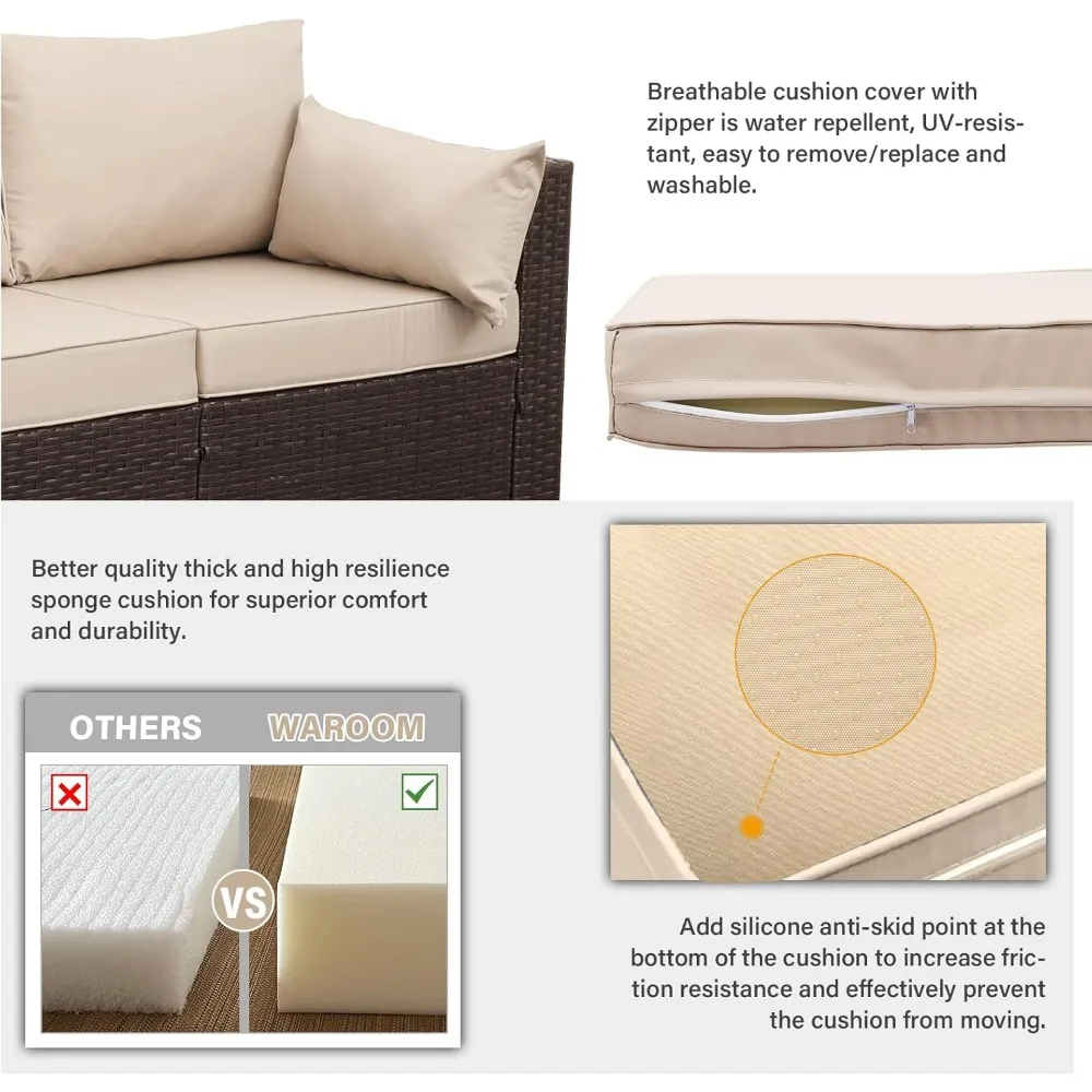 3-местный уличный коричневый диван из ротанга с глубокими сидениями, полиэтиленовый плетеный, нескользящая бежевая подушка для мебели для патио