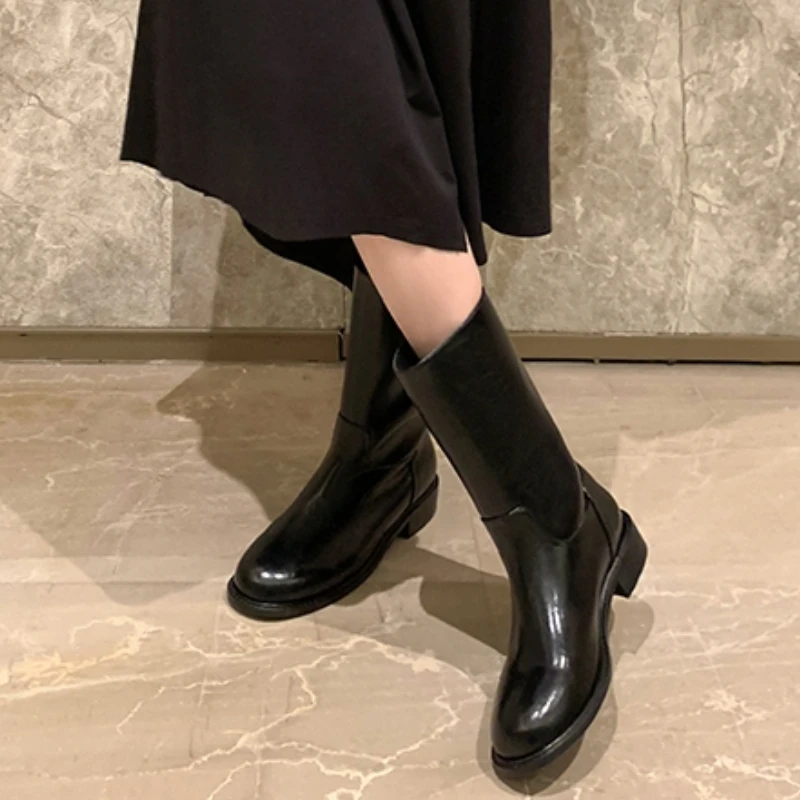 

2024 Women's Fall/Winter New Western Punk Mid-rise Boots Women's Boots Half-height round toe and fleece single two seasons