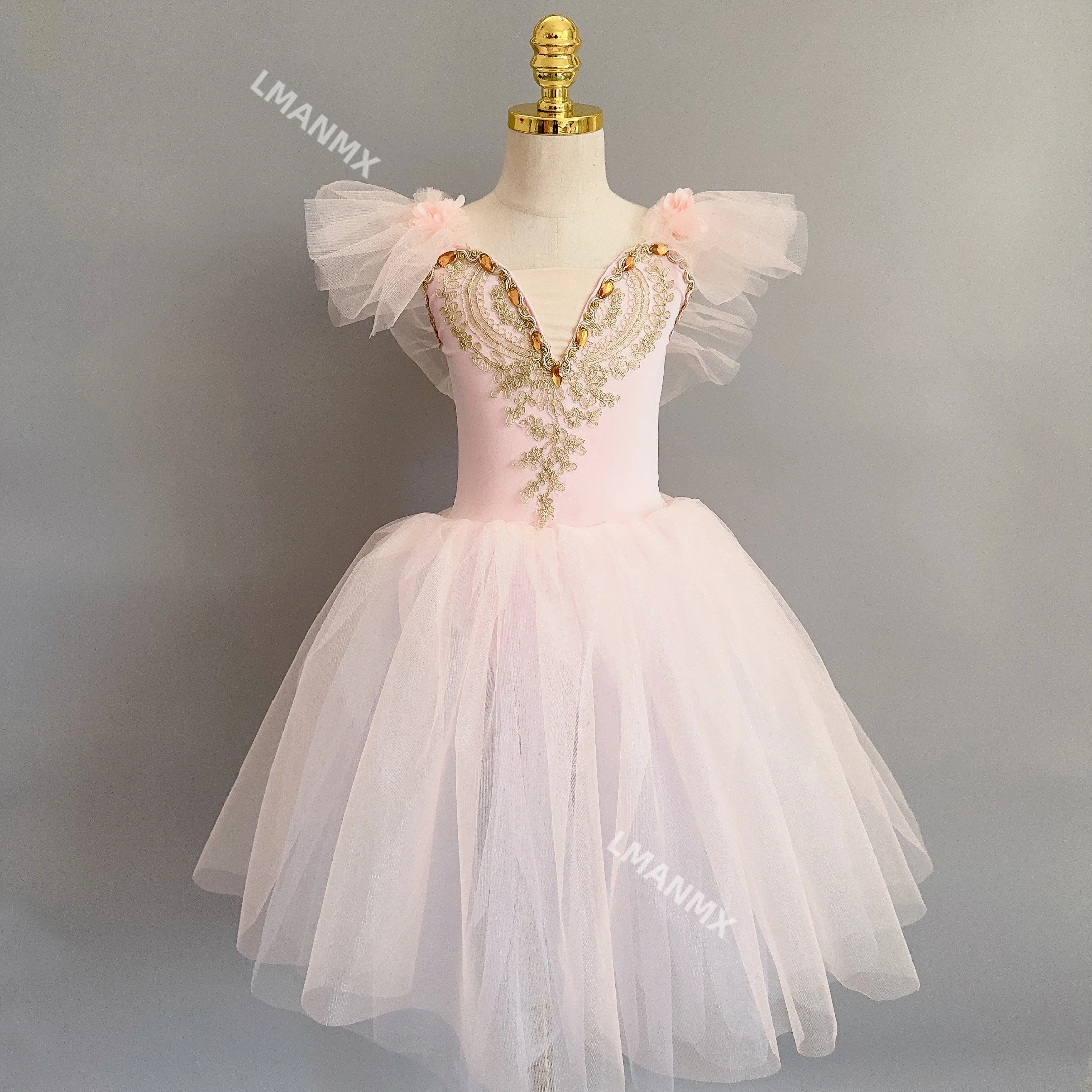 Kids Ballet Long Skirt Giselle Dancing Long Dress With Flower Classical Ballet Performance Costumes Corset Dance Leotard 3Color