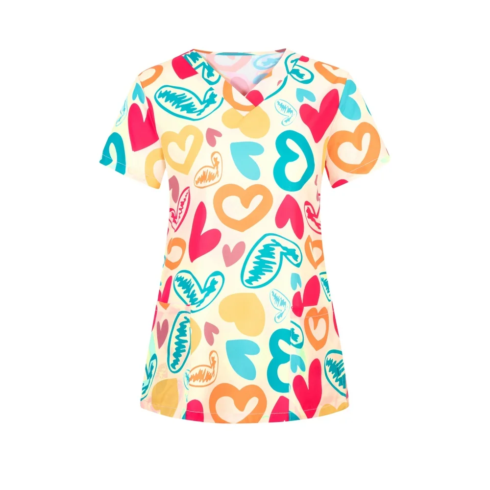 

Nursing Uniforms Woman Short Sleeve Top with Bright Heart Shaped Print V-Neck Pocket Medical Uniforms Suitable for Healthcare