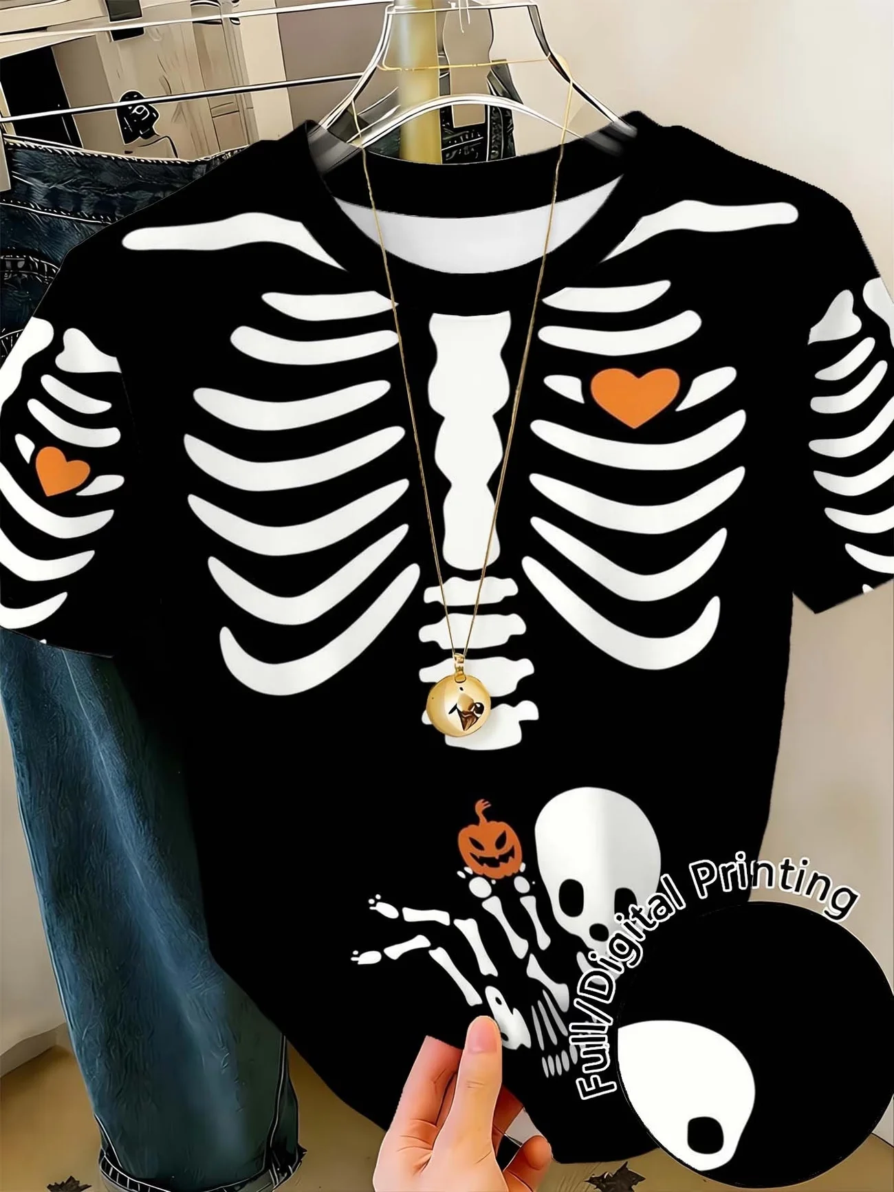 Summer Women's Men's Skeleton Print Round neck Short Sleeve T-Shirt Graphic Tee Soccer Jersey Plus Size Sport T-Shirt Tops