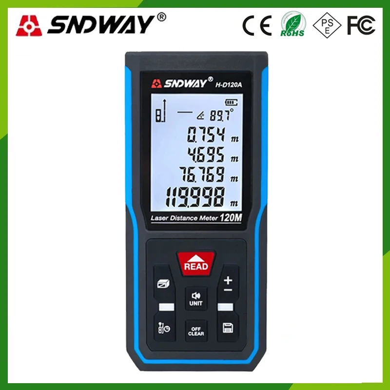 SNDWAY Laser Distance Meter 40M/50M/120M Digital Tape Measure Precision Rangefinder With Distance/Area/Volume/Self-calibration