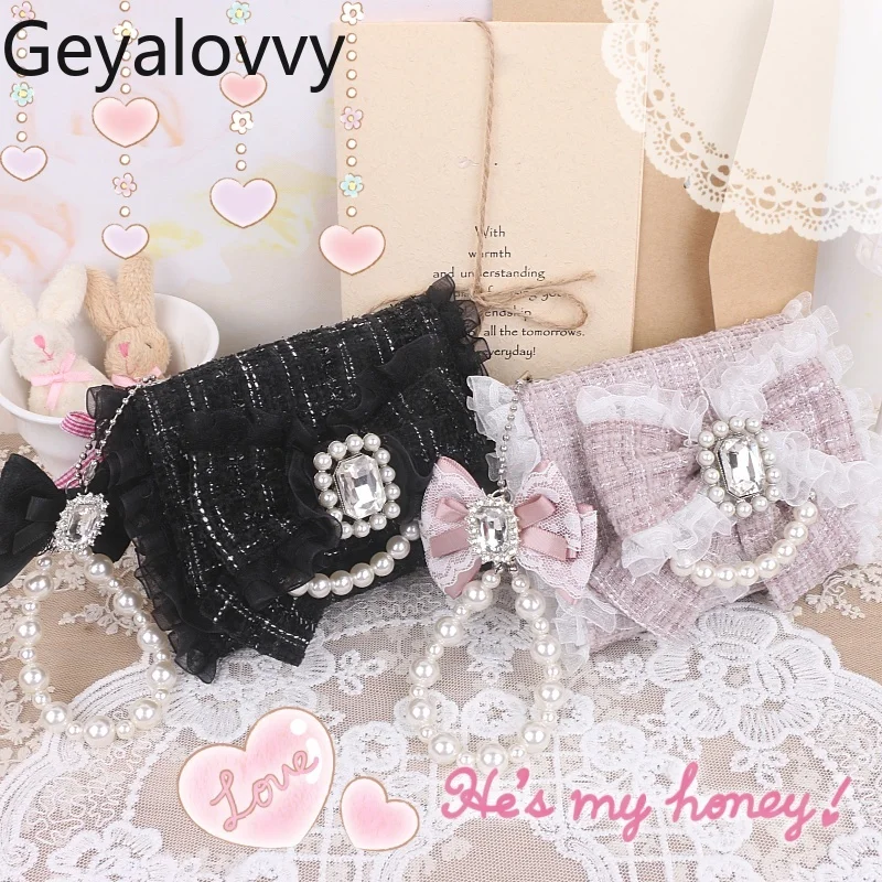 Handmade Japanese Style Sweet Cute Girls Lace Trim Big Bow Wallet Lolita Versatile Beaded Foldable Small Bag Purses