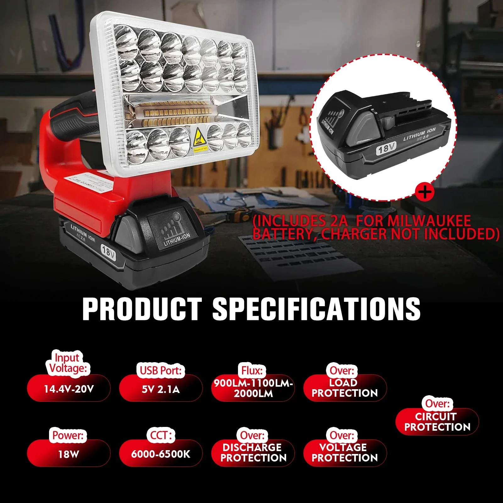 Work Light Rechargeable Lamps for Milwaukee 18V Li-ion Battery LED Light Flashlight Mutifuction Portable Outdoor Camping Light