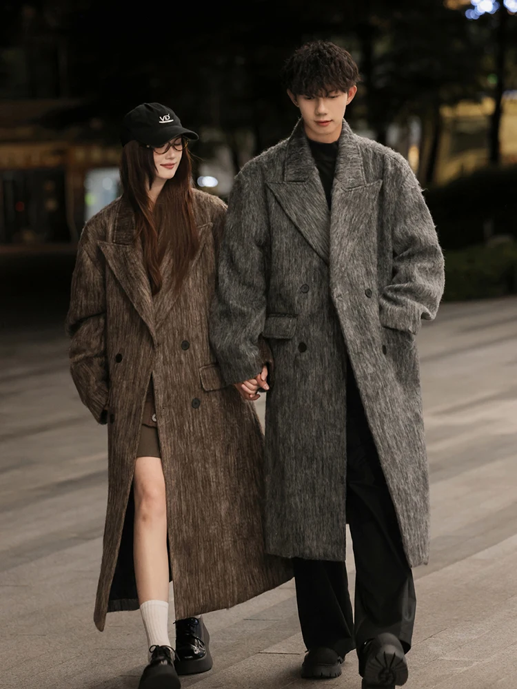 

Корейское утепленное шерстяное пальто средней длины для мужчин, модное свободное пальто до колен, ветровка для молодежи