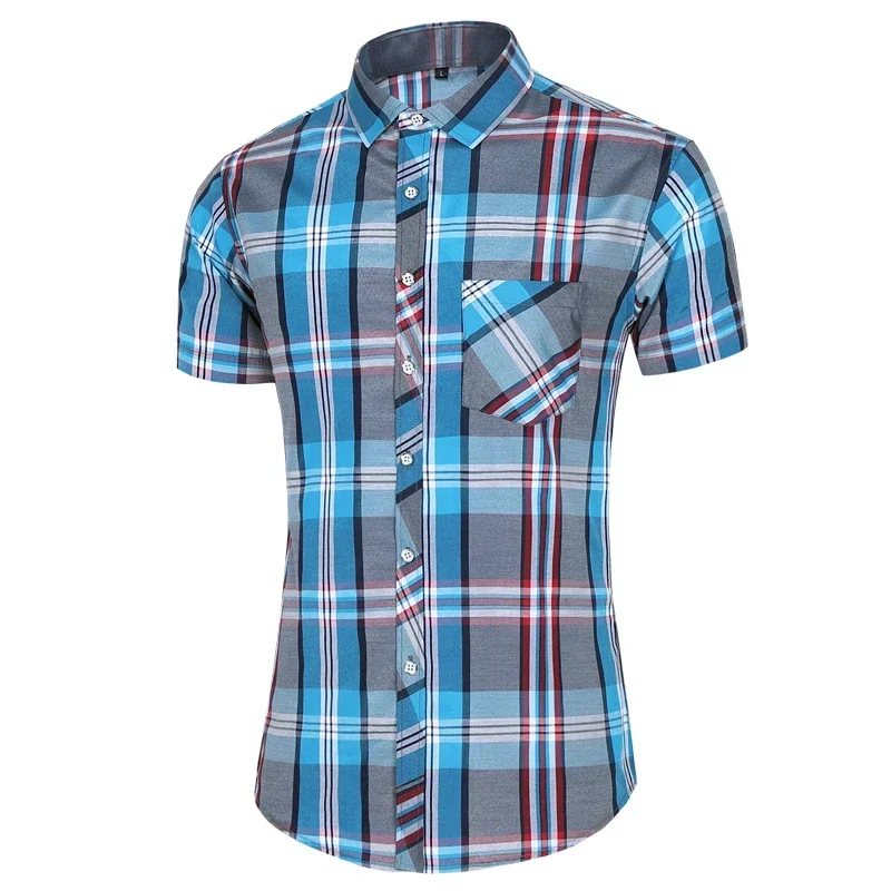 

New Fashion Plaid Shirt Men Summer Casual Short Sleeve Shirts Mens Plus Size Beach Hawaiian Tops Blouse Male 5XL 6XL 7XL