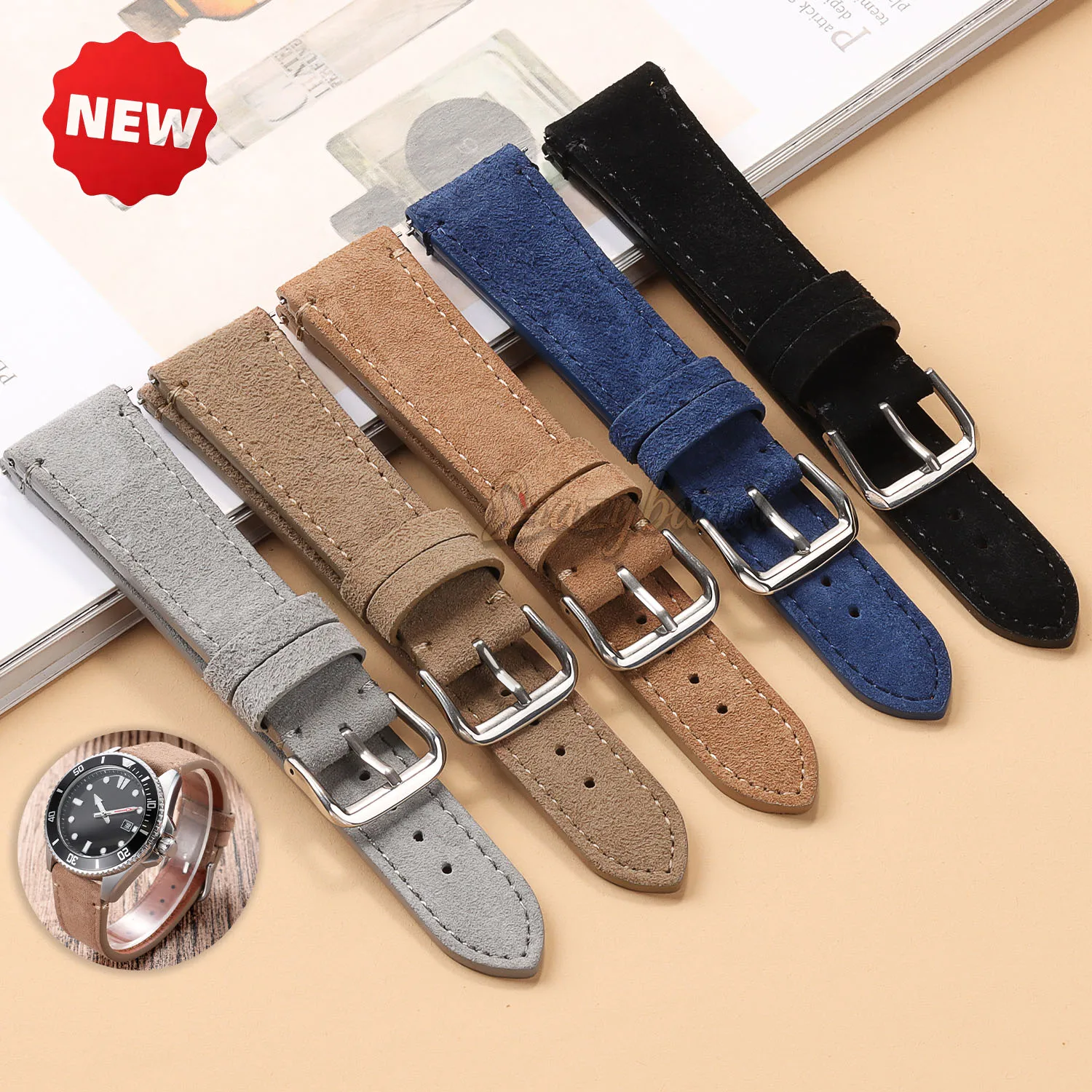 Neues Wildleder-Uhrenarmband 20mm/22mm Braun Schwarz Blau Universelles Armband für Seiko für Casio Handgelenkband für Damen Herren Business-Band