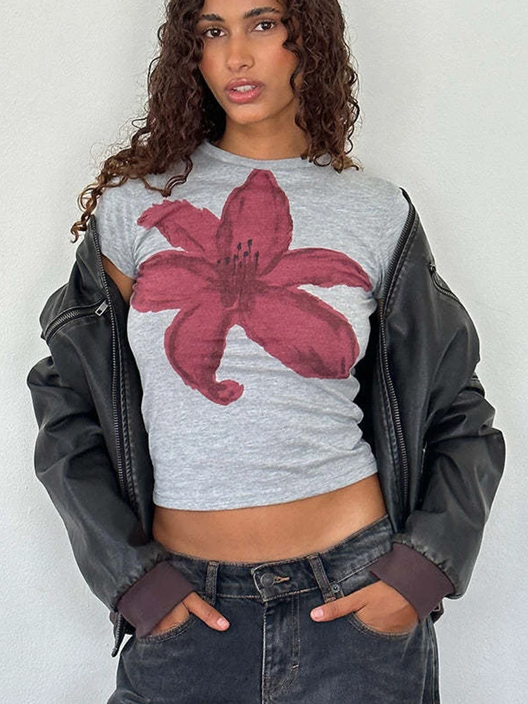 

FSMG American Vintage Large Flower Print Short Sleeved T-Shirt Fashion Crop Chest Hugging Slim Top Summer Casual Streetwear Lady
