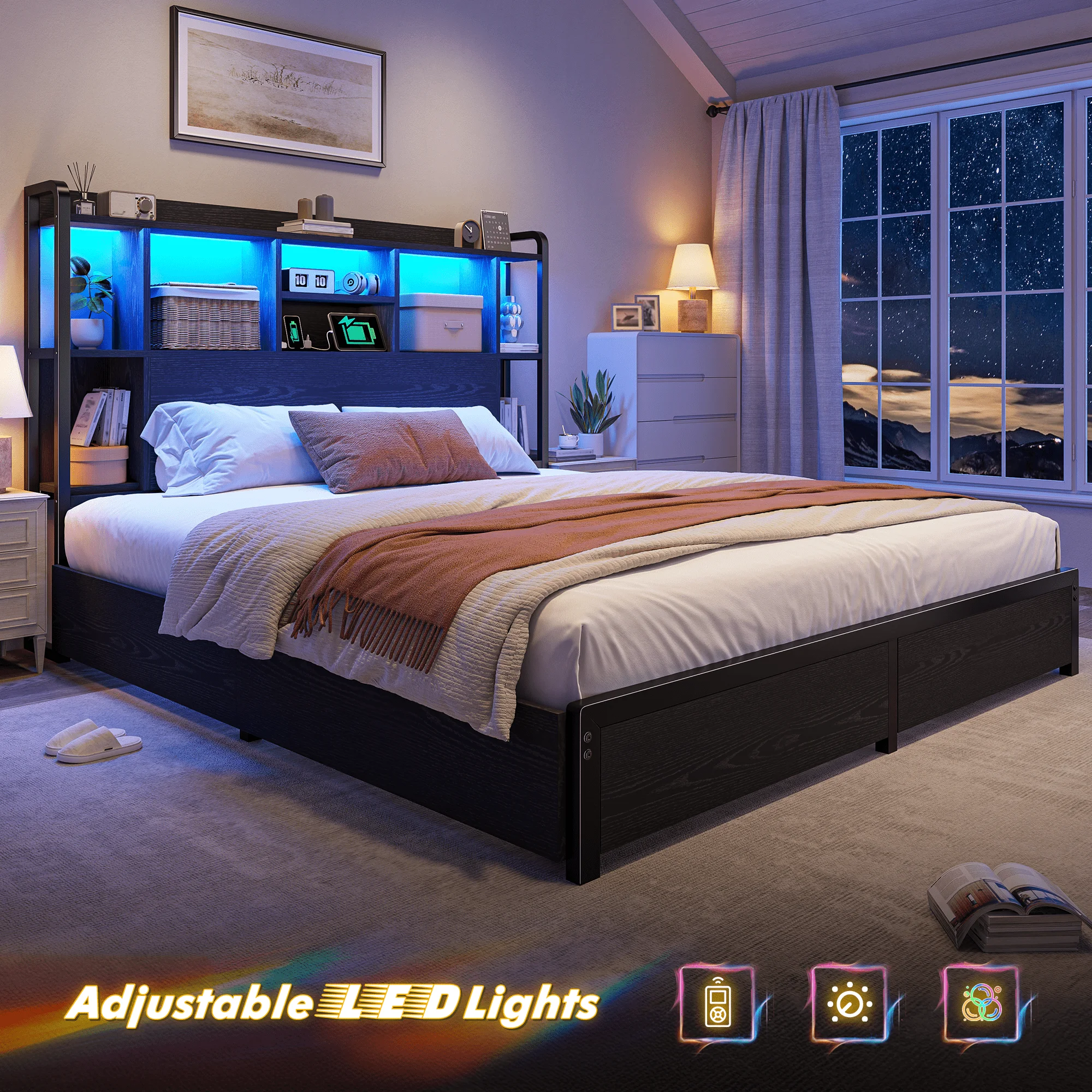 EnHomee Bed Frame with 4 Large Drawers & Charging Station & LED Lights Metal Platform Bed with 51