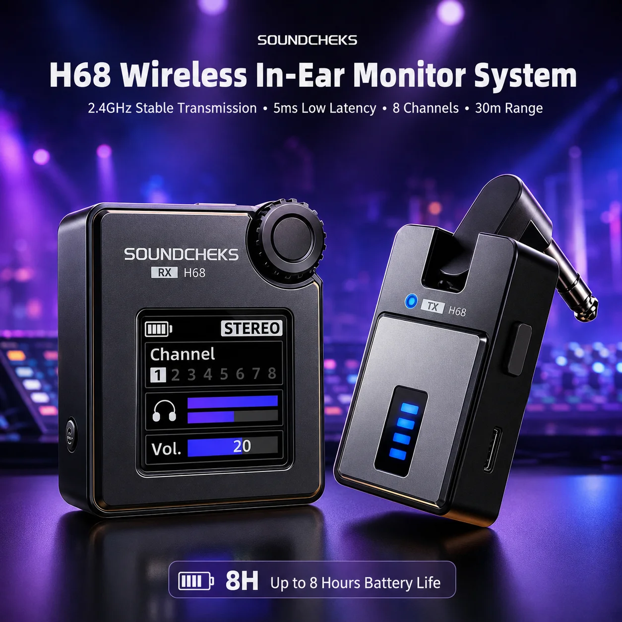 SOUNDCHEKS H68 Wireless In Ear Monitor System 2.4GHz 5ms Low Latency 8 Channel 30m Range For Stage Band Live Performance Audio