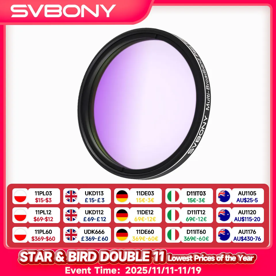 

Svbony SV260 Multi-bandpass Star Field Filter 2'' Broadband Telescope Filter 90% OD4 Light Transmittance for Galaxy Photography
