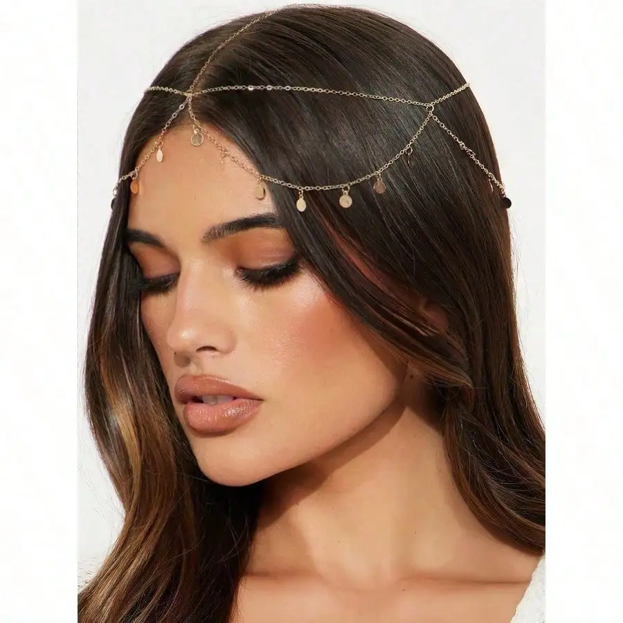 

1pc Minimalist Retro Bohemian Green Turquoise Tassel Headband With Gold Chain, Hair Accessories, Head Pieces Jewelry