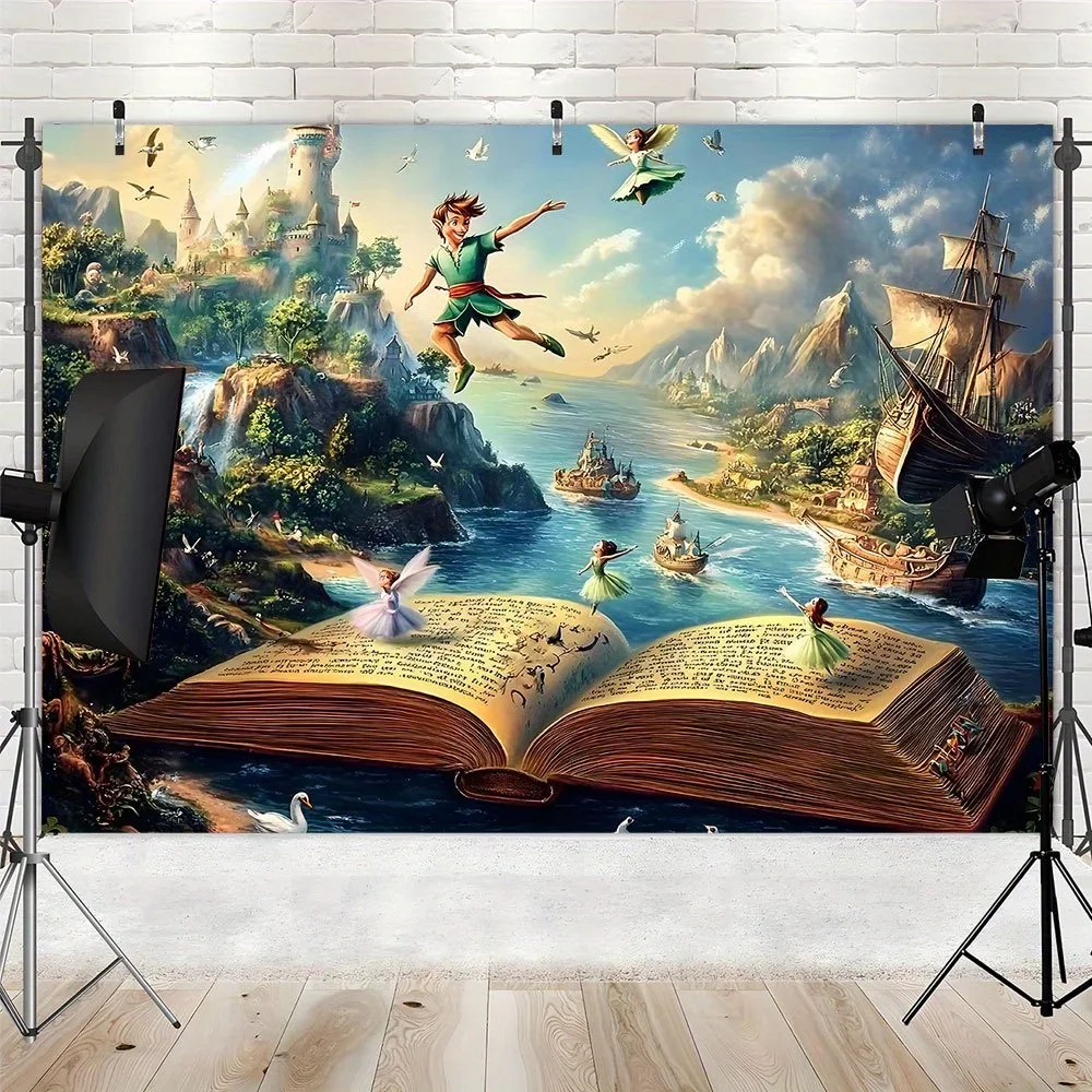 Peter Pan Storybook Fantasy Tapestry Flying Boy Castle Ship Fairy Tale Adventure WallDecor for Kids Room Library ImaginativePlay