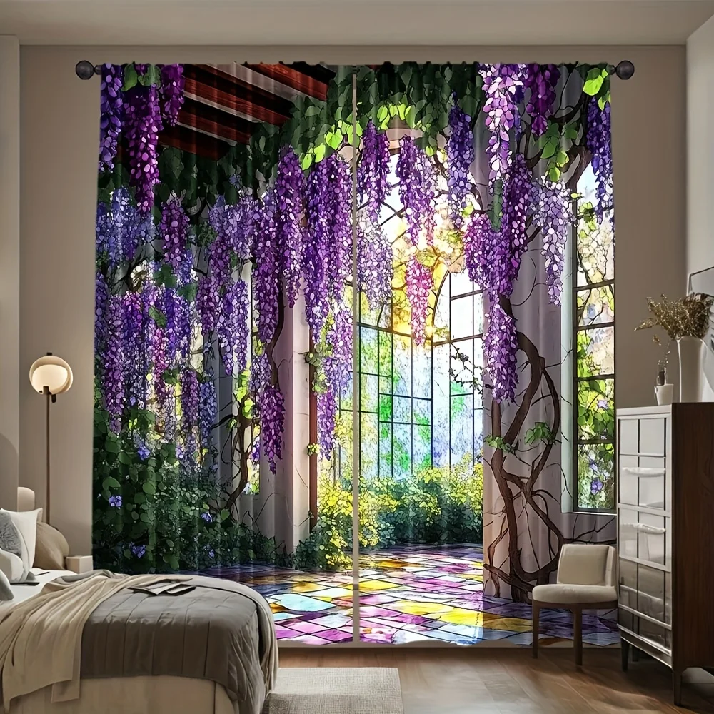 Abstract Stained Glass Wisteria Rod Pocket Window Curtains 2 Panel Floral Art Drapes for Living Room Bedroom