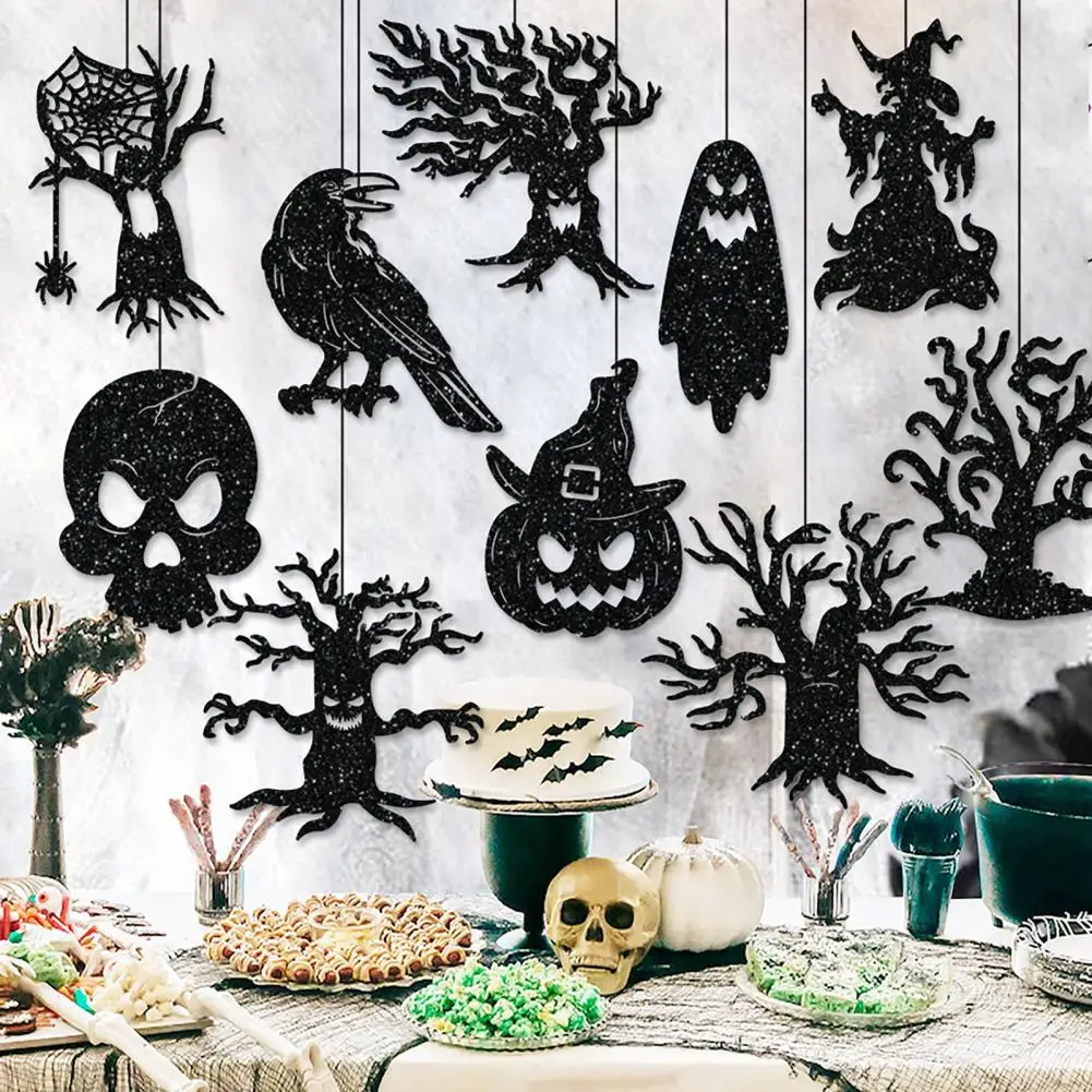 Autumn Tree Ornaments Halloween Hanging Ornaments Set with Black Ghost Skull Pumpkin Witch Tree Crow Party Supplies for Indoor